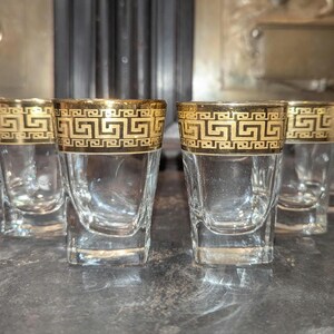 6 Vintage, Shot Glasses, 6.9 Oz, Gold, Greek Key Design, Square