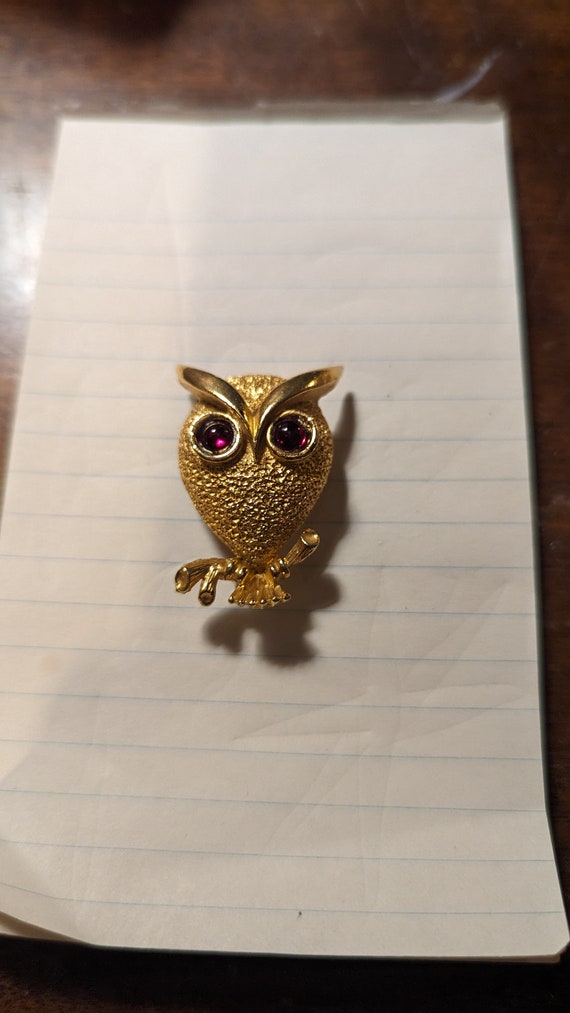 Vintage, Gold Tone, Owl Brooch, Pin, Red Rhinesto… - image 1