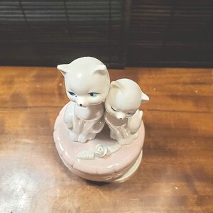 Vintage, White Porcelain, Siamese Cat, Couple, Music Box, Plays, True Love Melody Works,7&quot; Tall, 4&quot; Wide