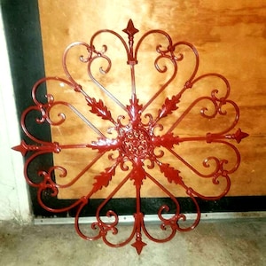 Vintage, Wrought Iron, Painted Red, 24&quot; Round, Garden Ornament, Decor, Wall Hanging, Scroll Work, Applied Leaves, Heavy,