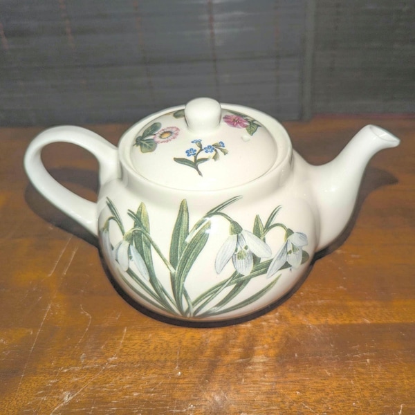 Vintage, St. George, Fine Bone China, England, White Porcelain, Covered Teapot, Botanical Flowers, 6 1/2" Handle To Spout, 3 3/4" Tall