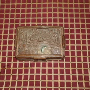 Vintage, Syroco Wood, Trinket, Jewelry Box,  Fishing And Stream Scene, In Relief, 5 3/4&quot; Long x 4&quot; Wide x 1 5/8 Tall