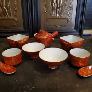 Vintage, Japanese, 10 Piece, Kutaniware, Gold Cranes, Orange Glaze, Yokode Kyusu Teapot, Tea Cups, Miso Spoons, Miso Bowls, Rice Bowls