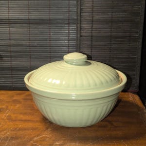 Vintage, Green, Stoneware, Ribbed, Covered, Casserole Dish, Oven To Table, Farmhouse Style,