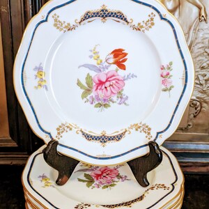 6 Vintage, Lorraine, By Mikassa, Sevres Style, Salad Plates, Blue Bands, And Accents, Gold Leaves, Floral, 7 3/4&quot; Diameter