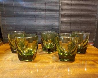 4 Vintage, Green, Hazel Atlas, Old Fashioned, Low Ball, Rocks, Tumblers,, Heavy Glass, Square Base, 3&quot; Tall, 2 3/4&quot; Wide