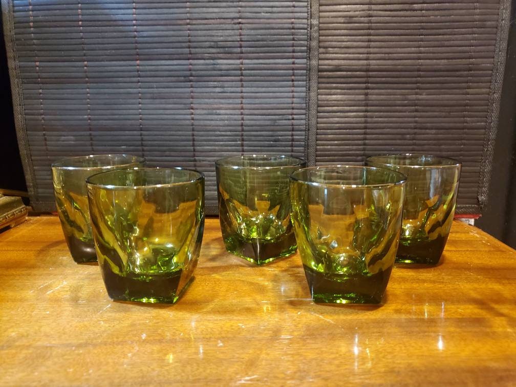 Vtg. Clear Glass-Red/Green Lines-Heavy Duty Tumblers/Drinking Glasses  (Qty.2)