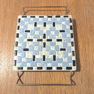 Vintage, Mid Century, Blue Mosaic, Tile Trivet, With Metal Handles