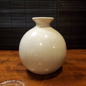 May include: A small, round, white ceramic vase with a speckled texture. The vase has a narrow neck and a wide base.
