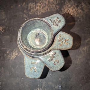 Vintage, Set Of 4, USA, Artisanal,  Ceramic, Dry Measuring Cups, 1/4, 1/2, 3/4, 1, Bakers Tools, Farmhouse Style, Ironstone Glaze