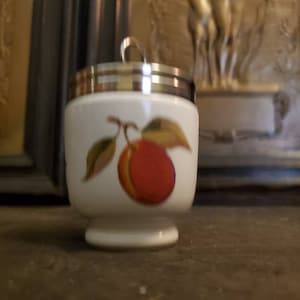 Vintage, Porcelain, Evesham, By Royal Worcester, Egg Coddler, Kingsize, Peach And Berries, Stainless Top, 1960's, 4 1/8" Tall, 2 5/8" Wide