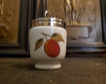 Vintage, Porcelain, Evesham, By Royal Worcester, Egg Coddler, Kingsize, Peach And Berries, Stainless Top, 1960's, 4 1/8" Tall, 2 5/8" Wide
