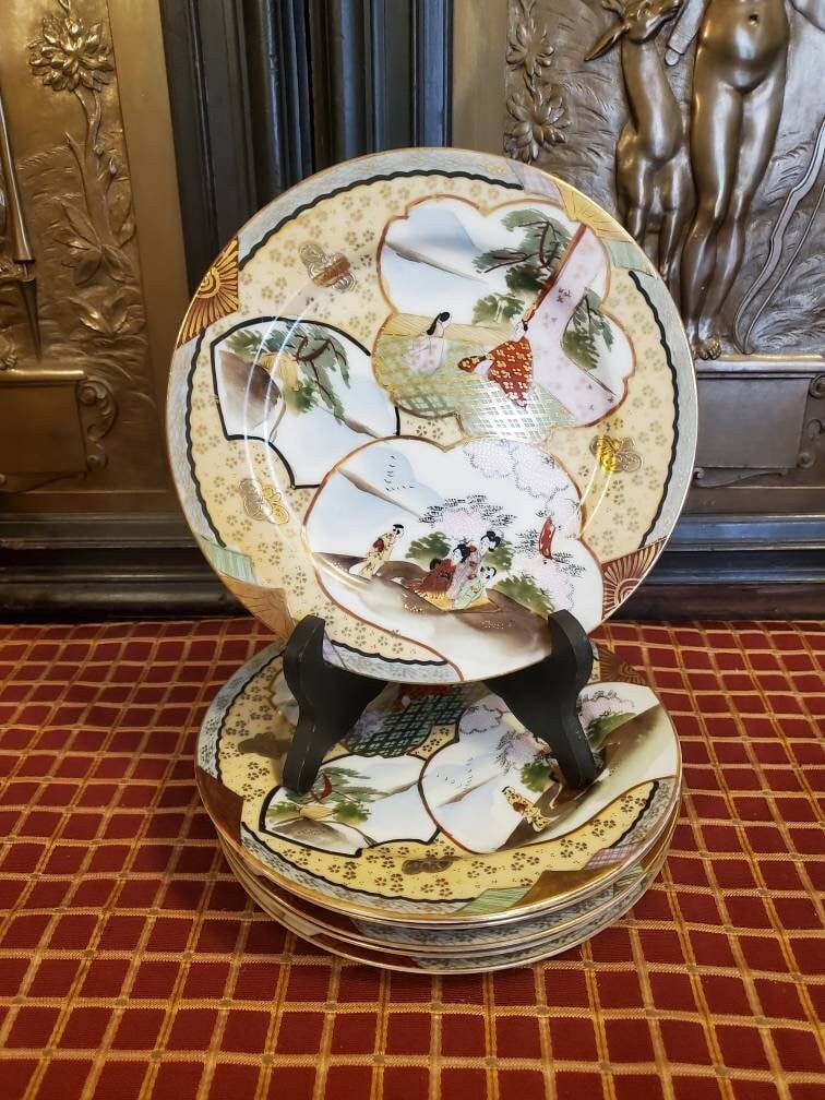 6 Antique, Kutani Imports, Hand Painted, Gold Encrusted, Moriage