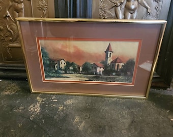 Vintage, Framed, Double Matted, Print, Spanish Village, 16"x10" Signed By G. Hinte,