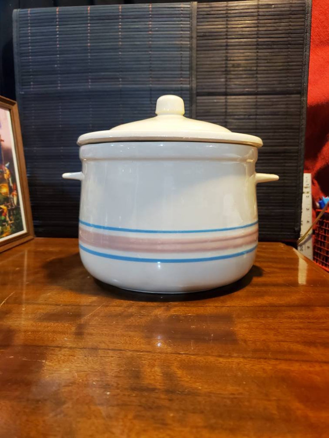 Vintage Mccoy White Crock With Pink Blue Stripes Casserole Soup Pot