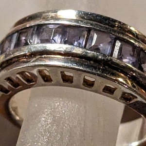 Vintage, Size 7, 925 Sterling, Ring Channel Setting, Paved, Amethyst Stones, 5/8&quot; Widest Part Of Band