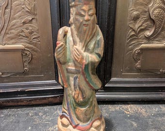 Antique, Hand Carved, Rosewood, Chinese Philosopher, Ming Dynasty, Polychrome, Beared Grand Master,
