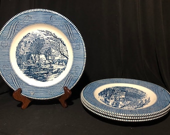 4 Vintage 10” Dinner Plates Currier & Ives by Royal ”The Old Grist Mill” in Imperial Blue Transferware