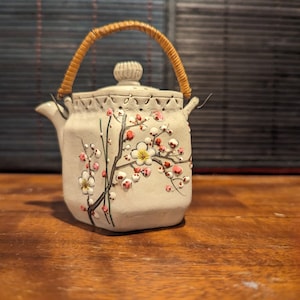 Antique, Sandstone, Mini, Japanese, Teapot, Wicker, Caning, Weaved, Handle, Enameled Flowers,
