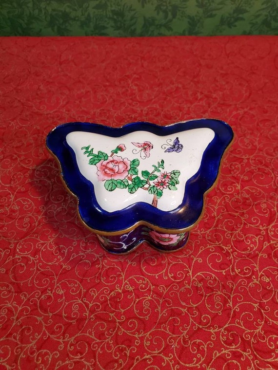 Vintage Enameled Cloisonne Style Cobalt Blue Flor… - image 8