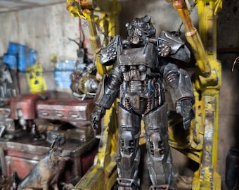 Diorama de garaje con armadura de poder de Fallout, caja de sombras, arte mural postapocalíptico hecho a mano, exhibición de taller en el páramo, decoración de sala de juegos