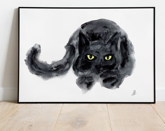 Black Cat Original Watercolor Cat Watercolor Painting Abstract Cat Watercolor Animal Art Minimalist Art Home Decor Black Cat Watercolor