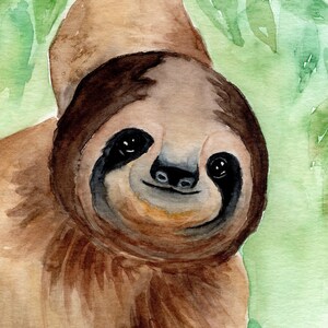 May include: Watercolour painting of a brown sloth with a friendly expression, looking directly at the viewer. The sloth is hanging from a branch with green leaves.