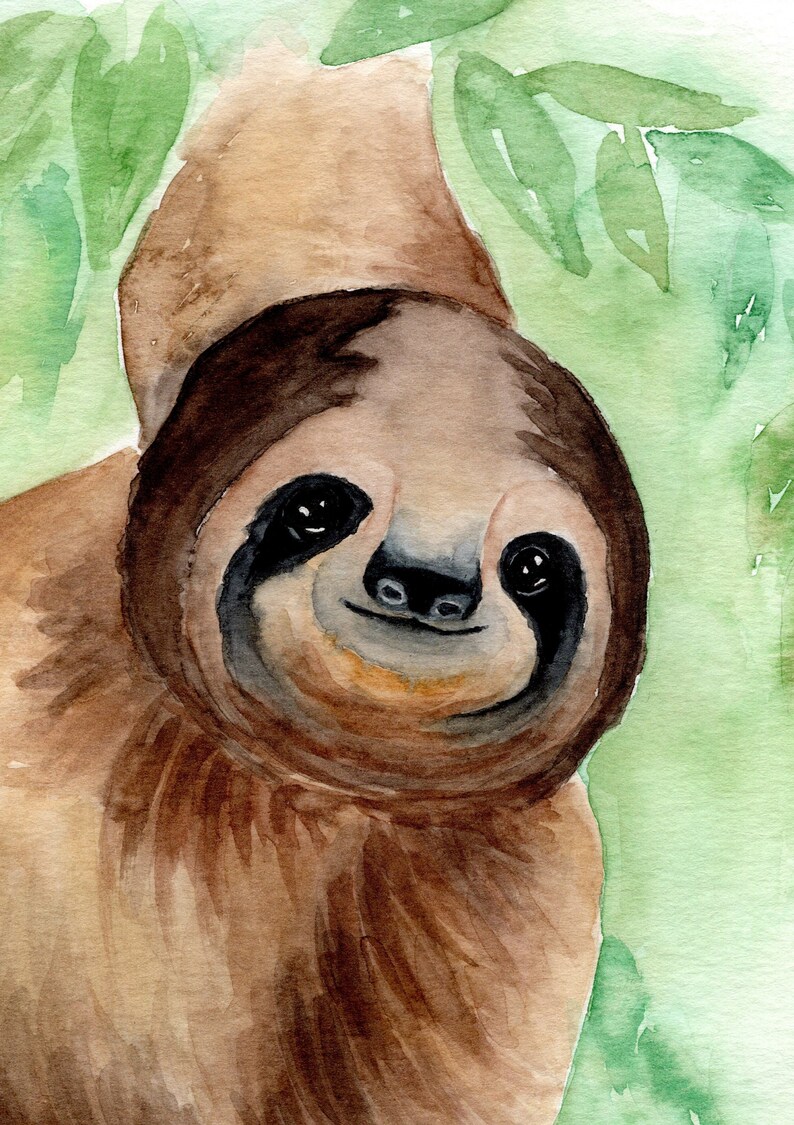 May include: Watercolour painting of a brown sloth with a friendly expression, looking directly at the viewer. The sloth is hanging from a branch with green leaves.