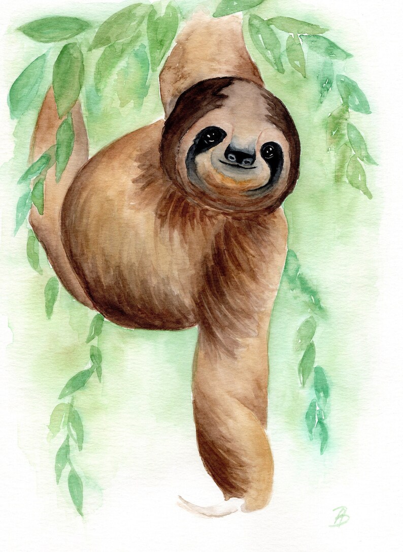May include: Watercolour painting of a brown sloth hanging from a branch with green leaves. The sloth has a friendly expression and is looking directly at the viewer.