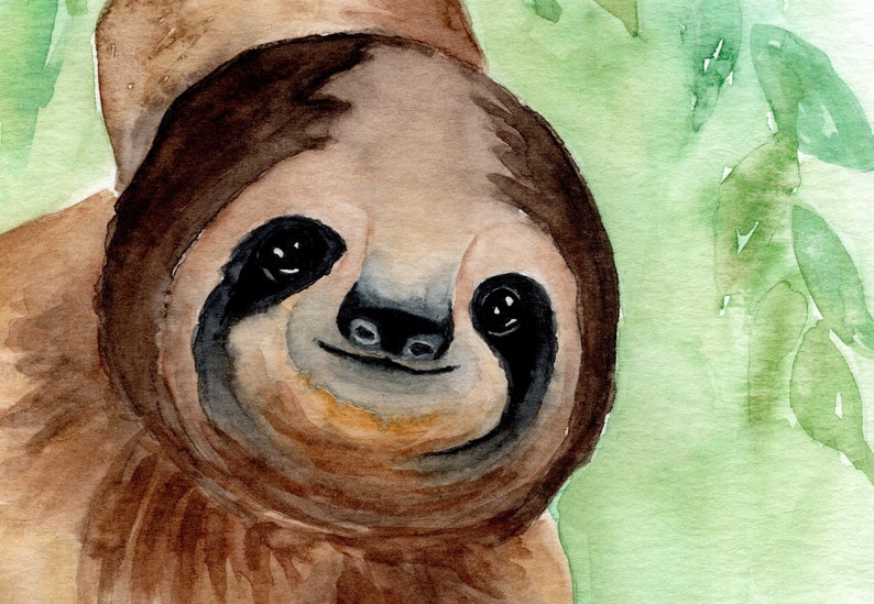 May include: Watercolour painting of a brown sloth with black eyes and a happy expression. The sloth is surrounded by green leaves.