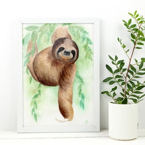 May include: A watercolour painting of a brown sloth hanging from a branch with green leaves. The sloth is looking at the viewer with a friendly expression.