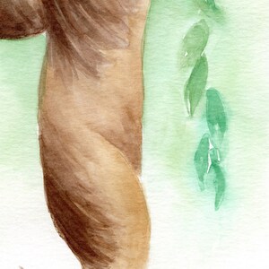 May include: Watercolour painting of a brown animal tail with green leaves in the background. The tail is curled up and the leaves are flowing down the side of the page. The artist's signature is in the bottom right corner.