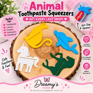 May include: A set of four animal-shaped toothpaste squeezers in yellow, blue, white, and green. The shapes include a cat, a dolphin, a unicorn, and a horse. Each piece features a horizontal slit for sliding onto tubes to dispense contents.