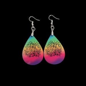Neon Rainbow Teardrop Shaped Earrings with Suspicious Flower Design
