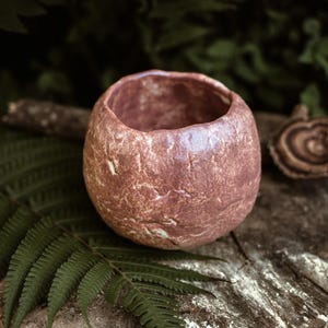 May include: A small, round, red-brown ceramic planter with a textured surface. The planter is sitting on a wooden surface with green foliage in the background.