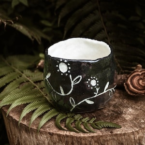 Handmade Ceramic Mug | Sgraffito Textured Coffee Cup, Pottery Drinkware, Nature Lovers Forest Tea Mug, Flowers, Floral, Magical Ceramics