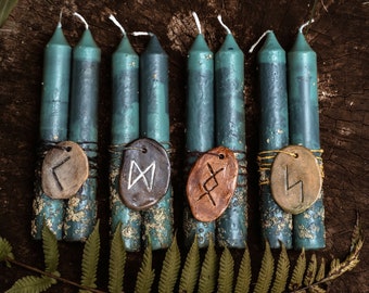 Set of 2 Rune Protection Candles Soy & Beeswax, Dried Botanicals, Herbs, Viking Norse Candle, Green Witch, Celtic Rituals, Nordic Runes