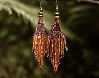 MTO Miyuki Glass Seed Bead Fringe Earrings: Brown Orange Dangle Jewellery