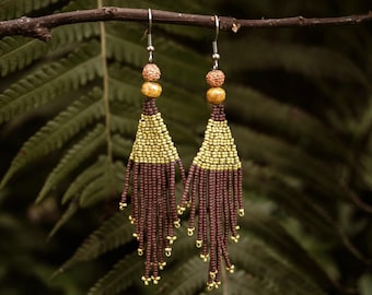 MTO Fringe Seed Bead Earrings: Miyuki Glass, Wooden Beads, Dangle Jewellery