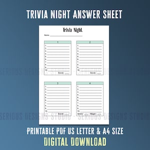Hoja de respuestas de trivia, hoja de jugador de Trivia Night, hojas de trivia, imprima las suyas propias, trivia pdf, herramientas de host de trivia, imprimibles de trivia night