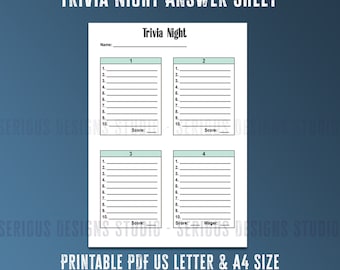 Trivia Antwort Sheet, Trivia Night Player Sheet, Trivia Sheets, Drucken Sie Ihre eigenen, Trivia Pdf, Trivia Host Tools, Trivia Night Printables