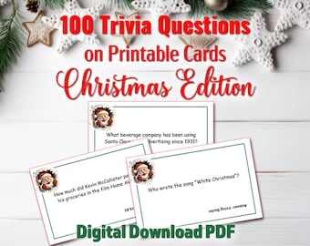 Family Christmas Trivia, 100 Christmas Questions, Printable Trivia Cards in PDF Format, Holiday Party Game, fun for the whole family