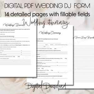 DJ Wedding Template, Fillable Wedding form, printable PDF, digital wedding timeline, wedding form, wedding questionnaire, music list for DJ