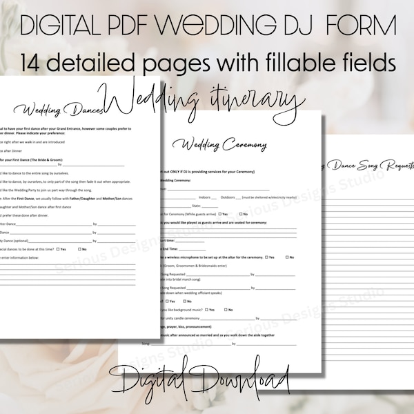 DJ Wedding Template, Fillable Wedding form, printable PDF, digital wedding timeline, wedding form, wedding questionnaire, music list for DJ