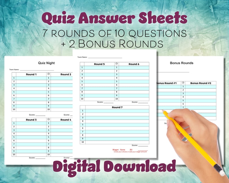 Quiz Answer Sheets, Quiz Night Sheets, Printable PDF, Size A4 and US