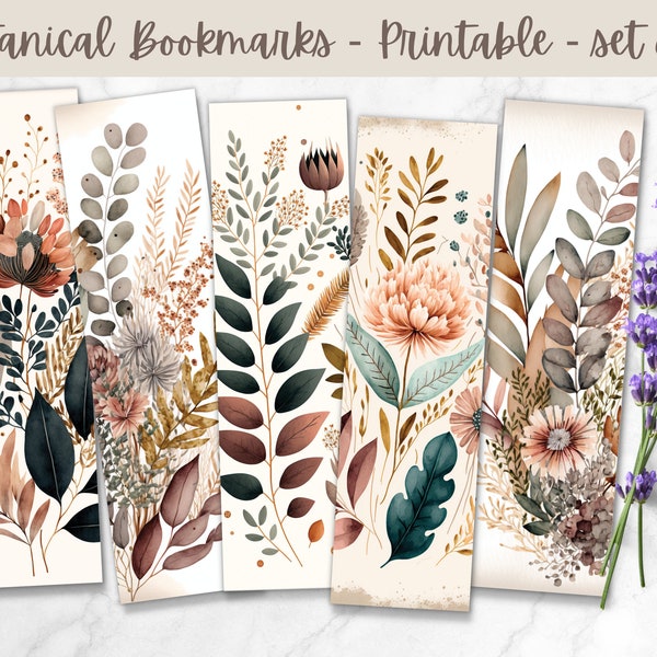 Watercolor Bookmarks, Printable bookmarks, nature bookmarks with flowers and leaves, Botanical bookmarks, foliage design bookmarks