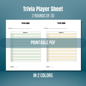 May include: Printable trivia game player sheet with two rounds of 20 questions. The sheet is divided into two columns, each with a space for a team name, a section for round 1, and a space for the score. The sheet is designed in two colors, with alternating rows of light green and white in the left column and light yellow and white in the right column.