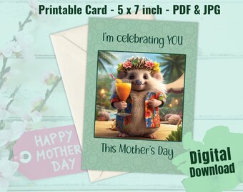 Printable Mother&#39;s Day Card, last minute card for mom, cute hedgehog card, hedgehog on a  tropical beach, 5x7 inch card, hawaiian hedgehog