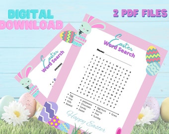 Puede incluir: Dos archivos PDF imprimibles de búsqueda de palabras de Pascua rosas. Las páginas tienen una combinación de colores pastel con ilustraciones de huevos y conejos de Pascua. El texto incluye "Easter Word Search", "Happy Easter" y una lista de palabras temáticas de Pascua.