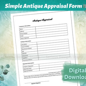 Antiques Appraisal, Editable form, Printable Appraisal template, Appraisal for Antiques, Printable PDF, Antique Appraisal Form